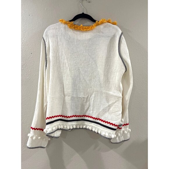 English factory Bohemian festival Tassel Pom Pom Trim Open Front Jacket sz Large - Picture 3 of 8